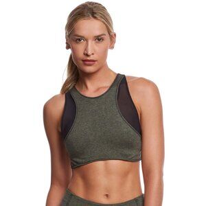 fp Free People hign neck meshed sports bra in green and black